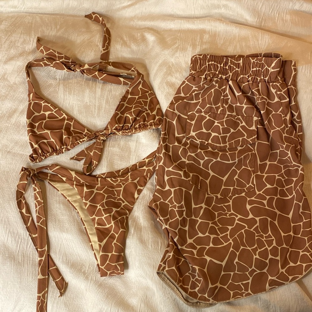 Giraffe Print Brown Tie Bikini Set with Matching men’s swim trunks